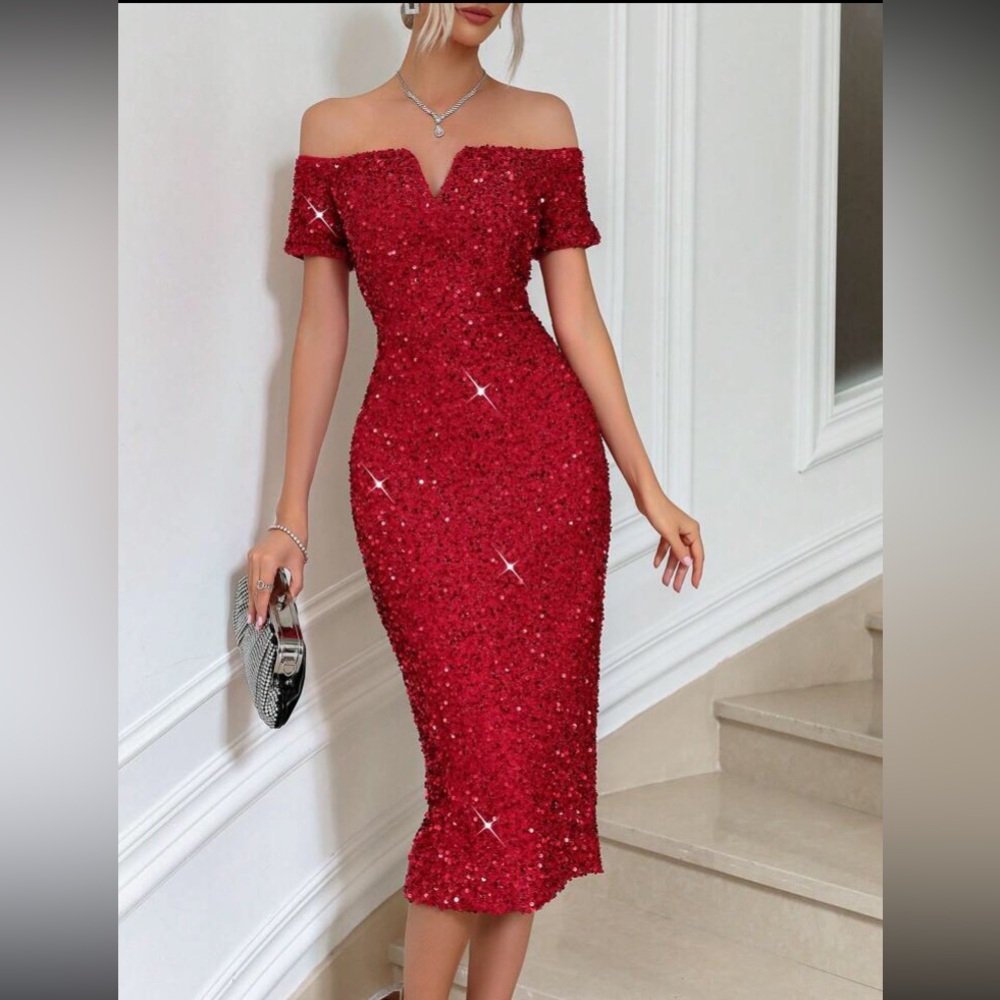 Elegant Red Sequin Off-Shoulder Dress